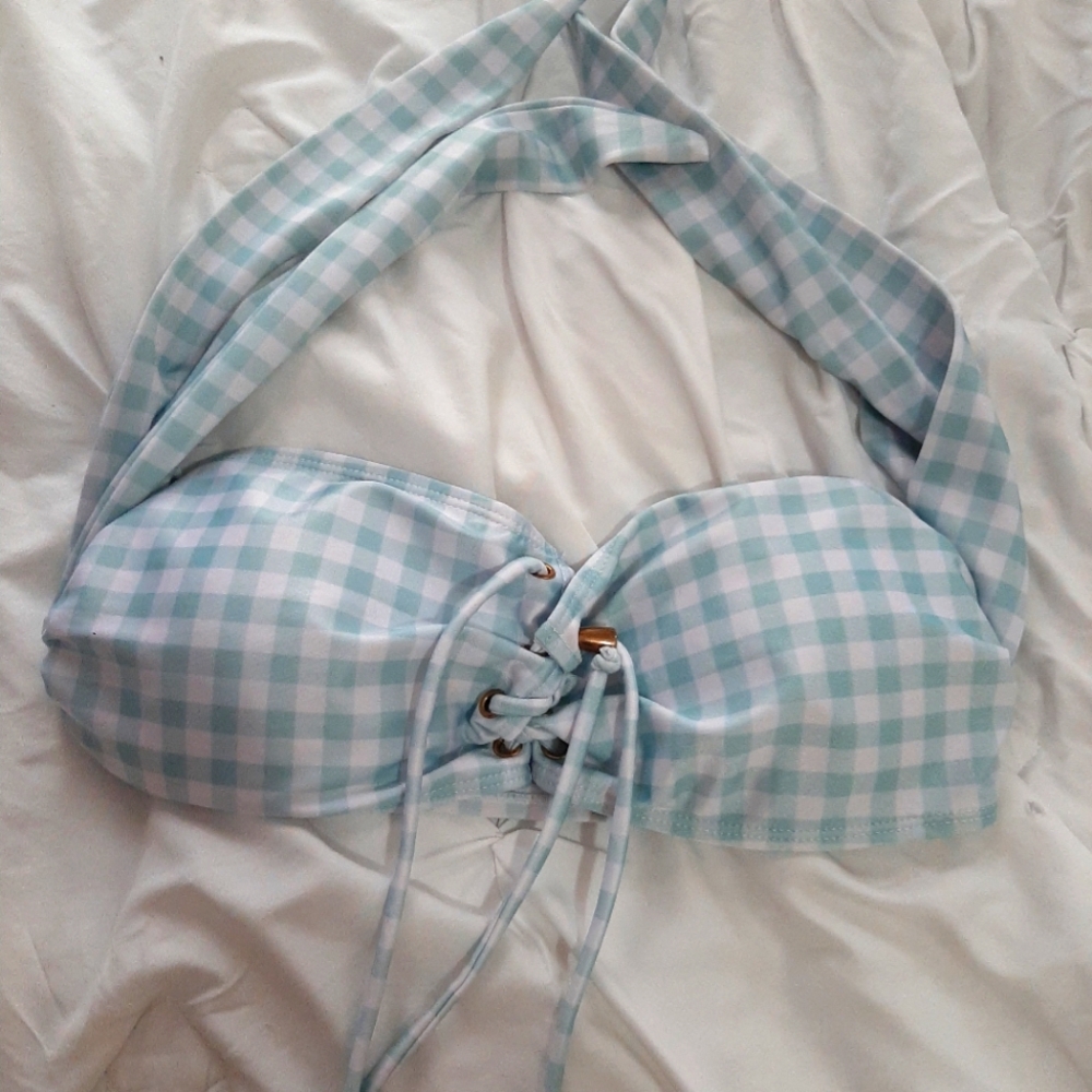 Blue and White Gingham Halter Bikini Top